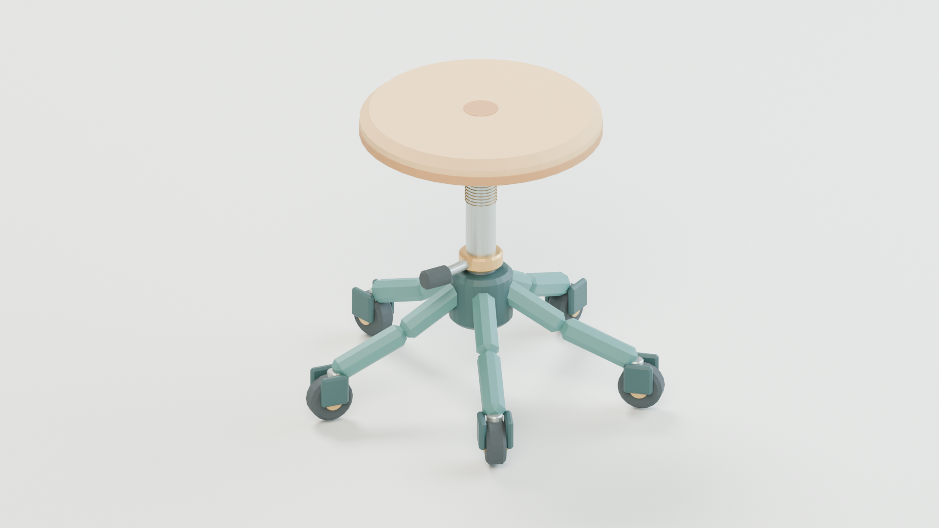 Actual render of the supplied stool, with wooden seat, teal stem and five dark caster assemblies.
