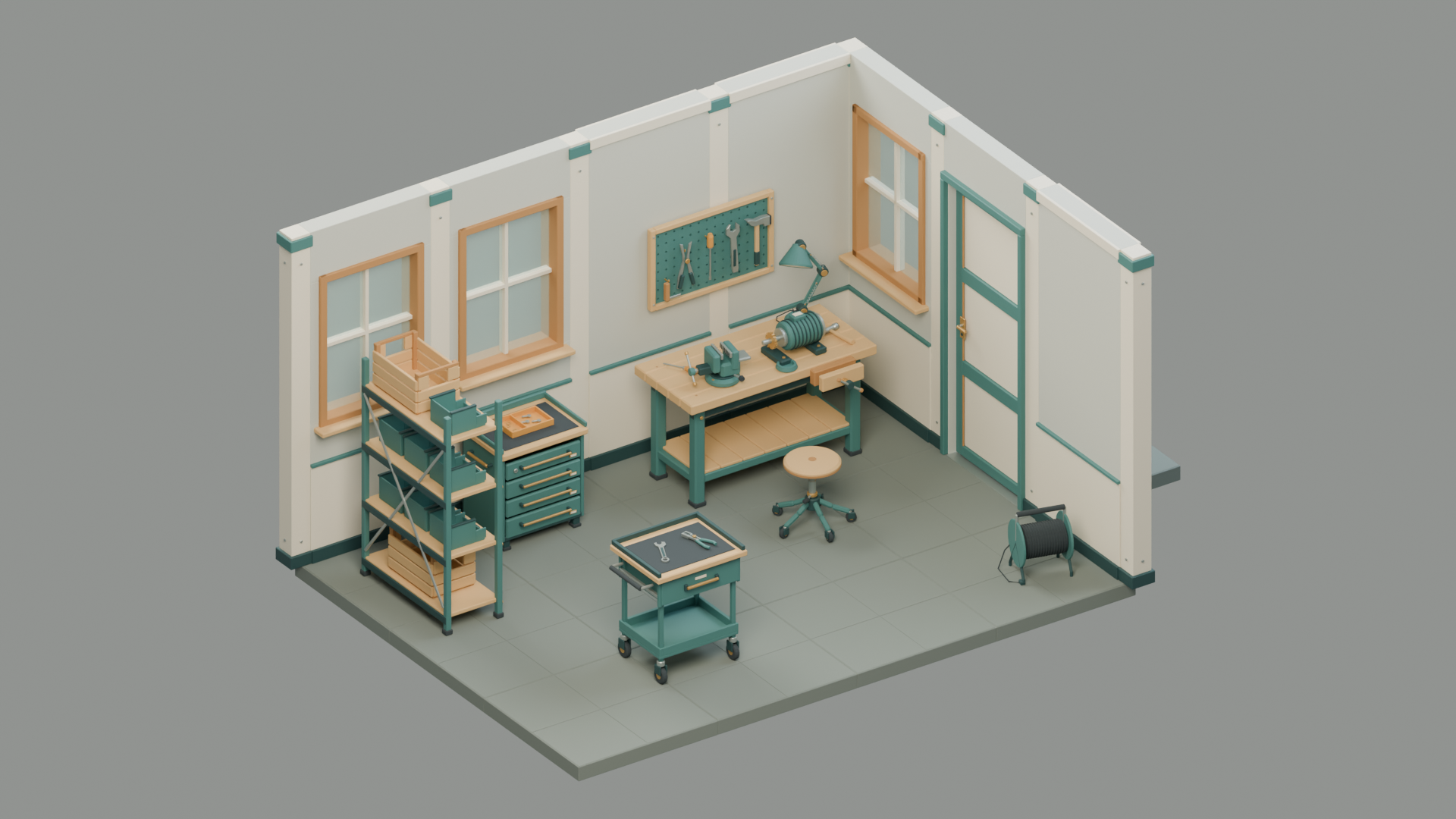 Cutaway view of the furnished Repair Bay, with teal benches, a wooden worktop, storage shelves, hand tools and a rolling stool.