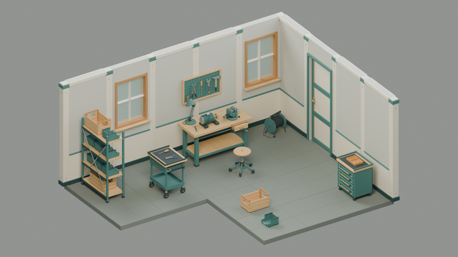 The larger L-shaped workshop layout, with work areas arranged around the inset floor plan.