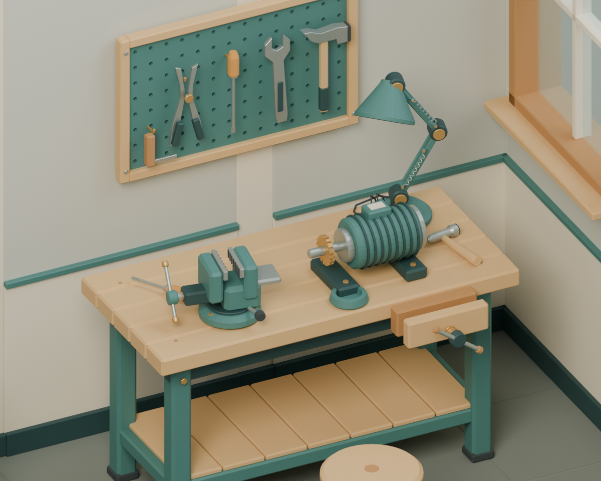 Close view of the wooden bench with the supplied motor assembly, vise, lamp and loose repair tools.