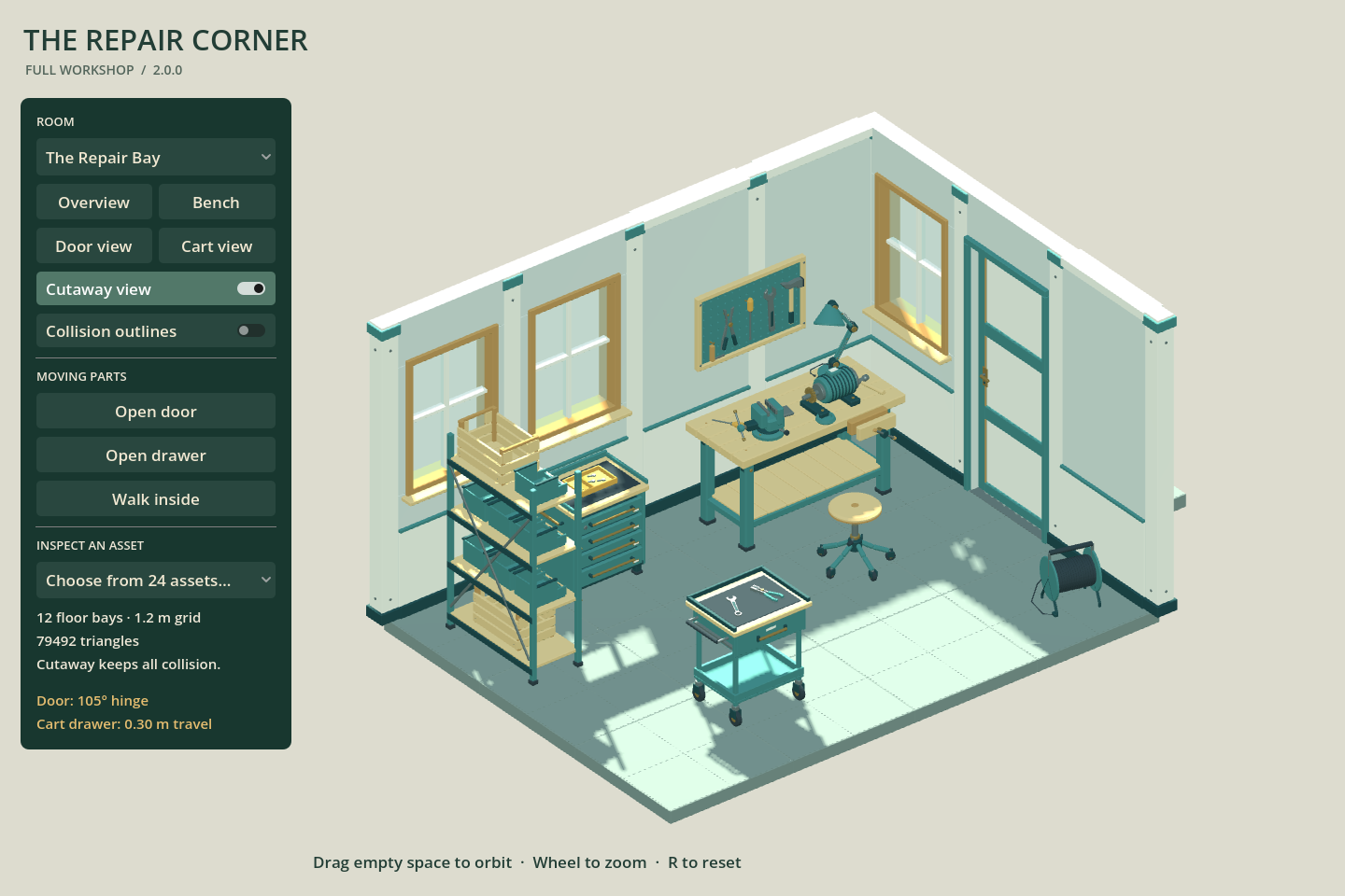 Actual Godot demo window showing the Repair Bay cutaway and controls for inspecting the supplied scenes.