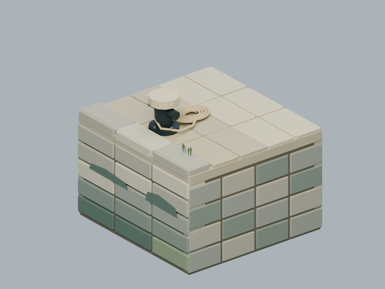 Actual Blender render of the supplied stone quay, mooring bollard and rope coil.